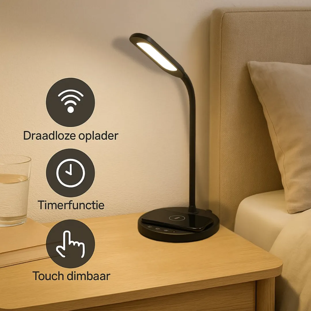 Nedis LED Bureaulamp Draadloos Opladen Touch Dimbaar Zwart