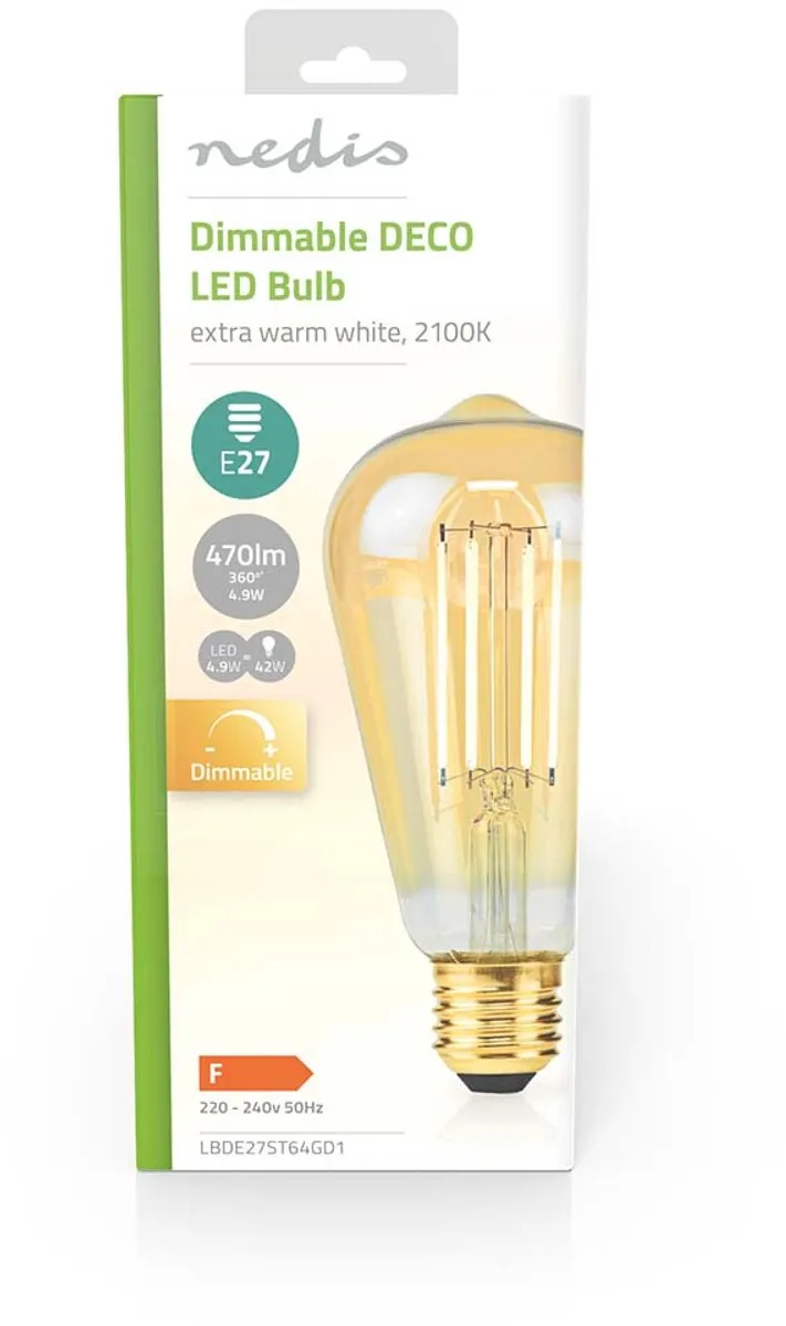 Nedis LED-Filamentlamp E27 ST64 4.9W 470lm - Extra Warm Wit - 1 Stuks