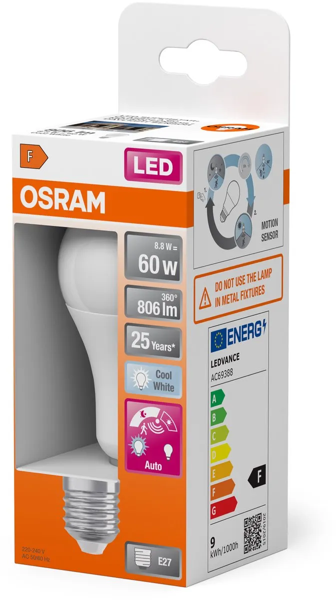 Osram Classic LED E27 Peer Mat 8.8W 806lm Koel Wit - Sensor