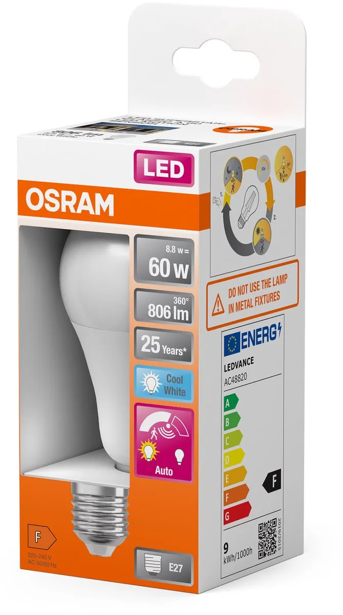 Osram Classic LED E27 Peer Mat 8.8W 806lm Koel Wit - Sensor