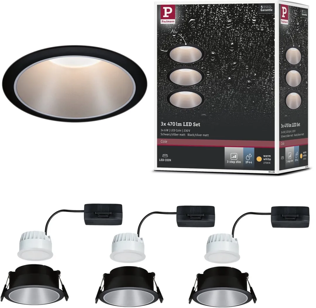 Paulmann LED-inbouwlamp 3-Step-Dim Coin Set 3x6W - 3x470lm - IP44 - 2700K - Zwart/Zilver