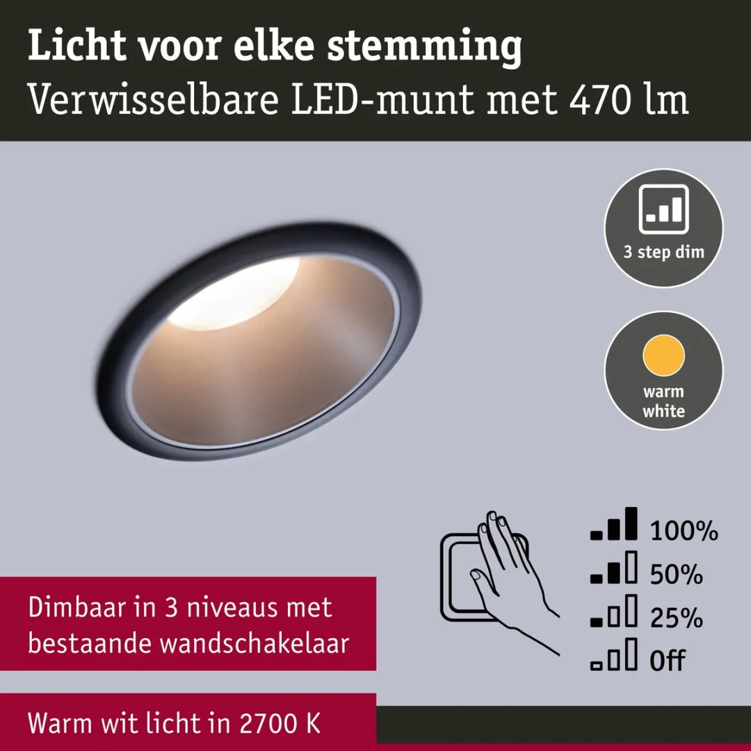 Paulmann LED-inbouwlamp 3-Step-Dim Coin Set 3x6W - 3x470lm - IP44 - 2700K - Zwart/Zilver - afbeelding 6 van 6