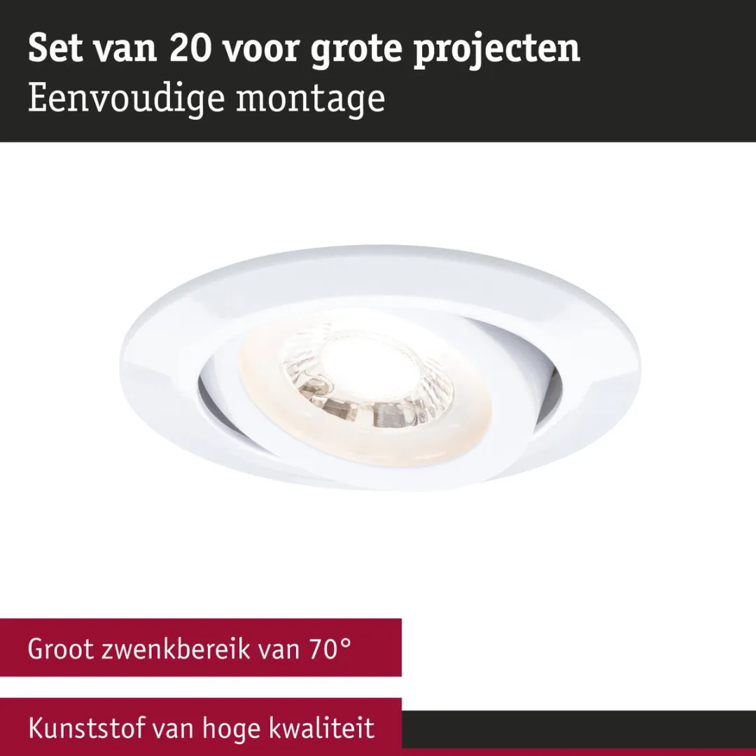 Paulmann LED-inbouwlamp Set 20x 4,8W 450lm 3000K - Ø82mm 70° Wit