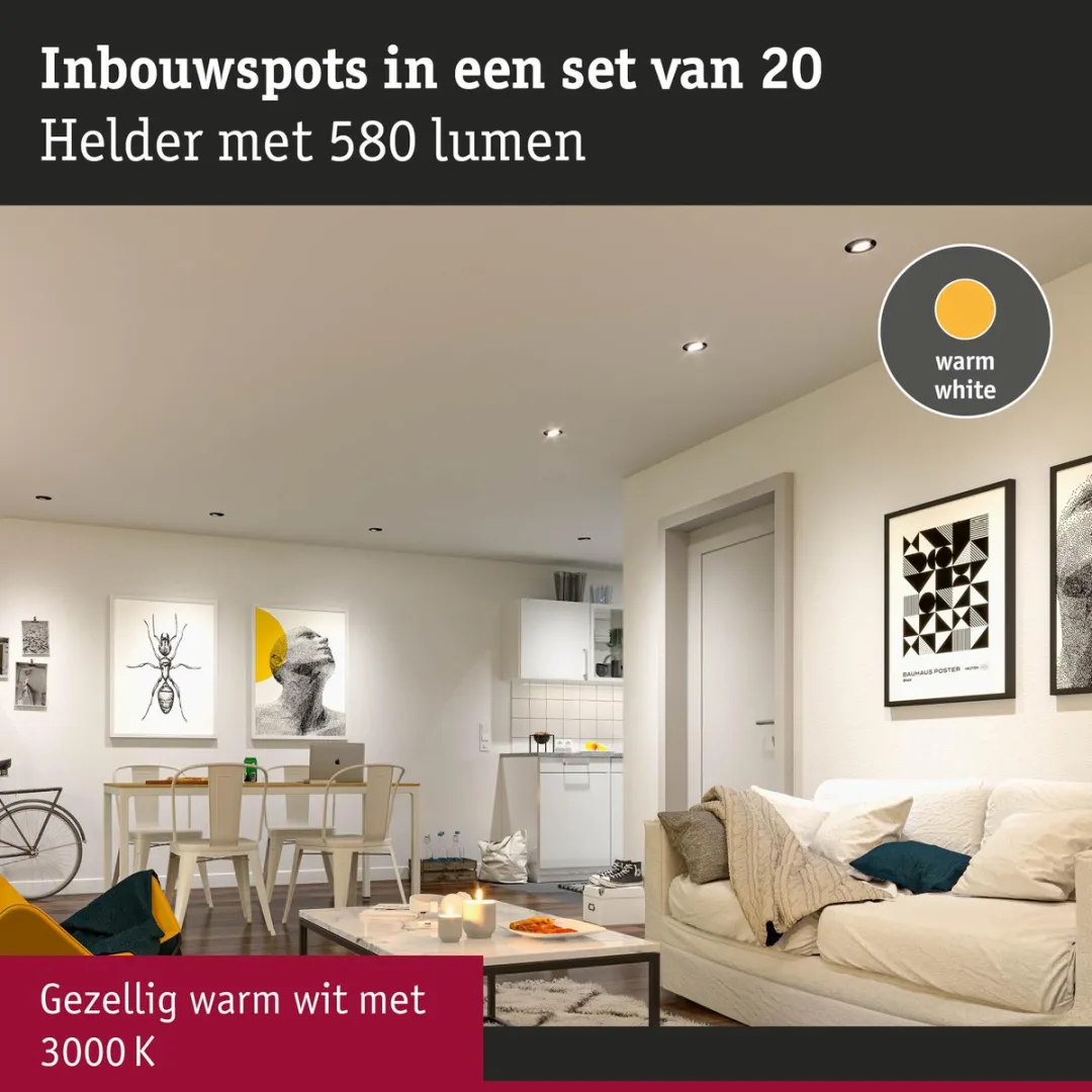 Paulmann LED-inbouwlamp Set 20x 4,8W 450lm 3000K - Ø82mm 70° Wit