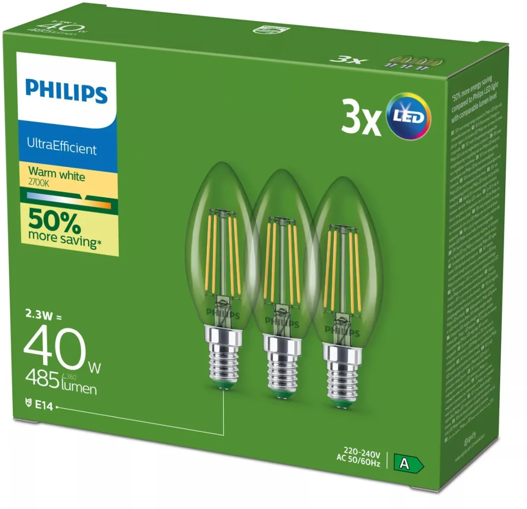 Philips UltraEfficient LED E14 2.3W Warmwit 3-pack