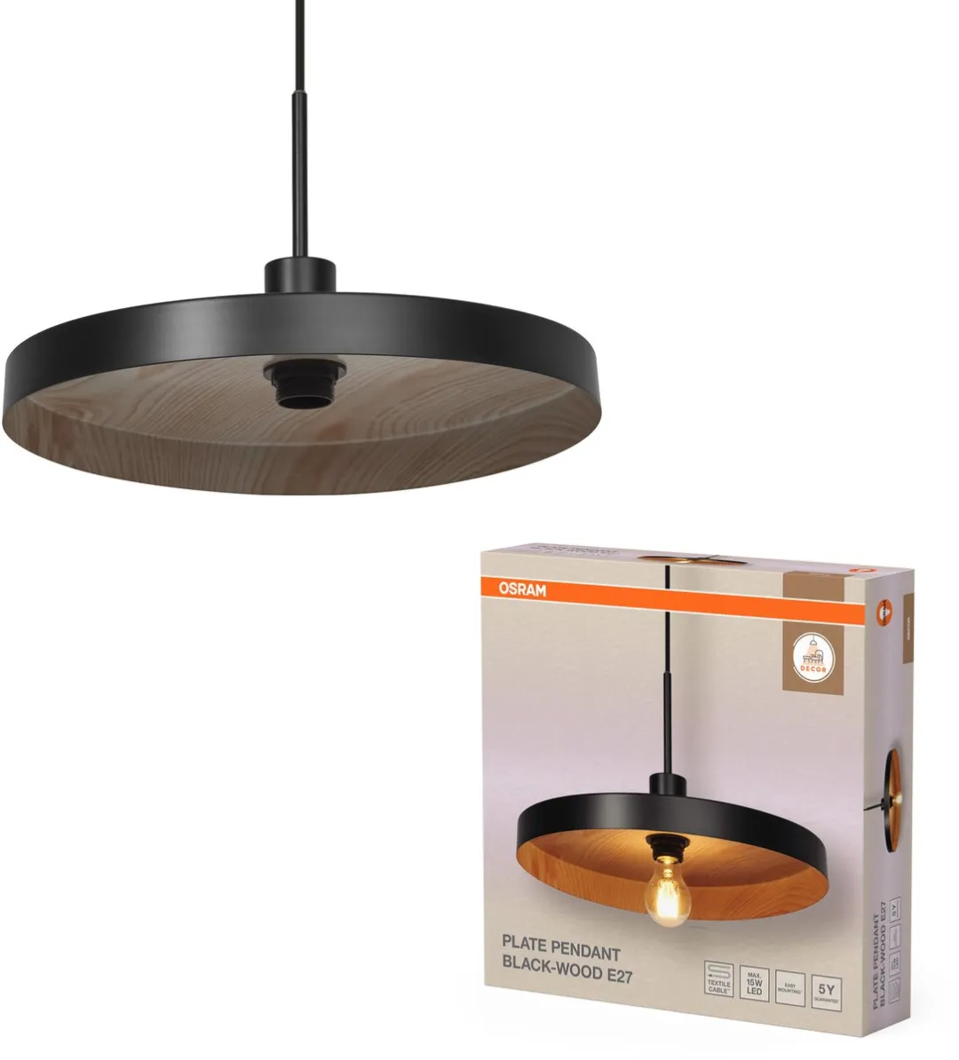 Osram Decor Plate Hanglamp E27 400mm - Zwart/Houtlook