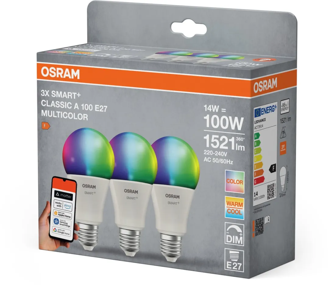 Osram SMART+ A100 RGBW E27 - 3 Stuks - Mat Glas