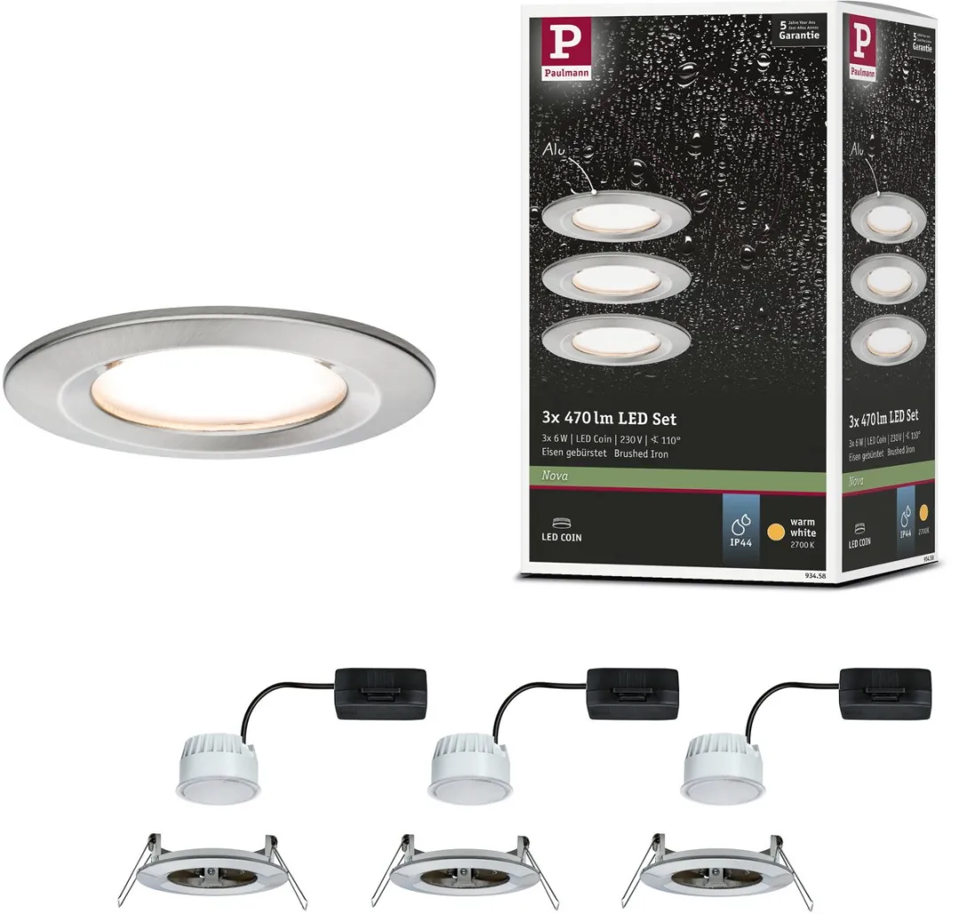 Paulmann Nova Coin Basisset LED-inbouwlamp 3x6W 470lm 2700K - Staal geborsteld