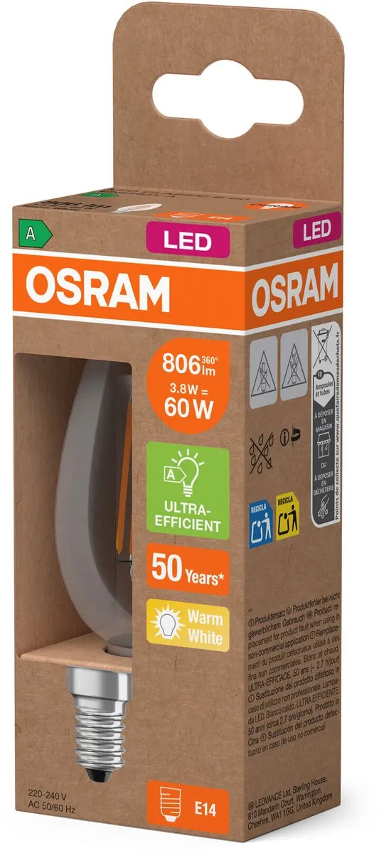 Osram Energy Class Mini-kaarslamp 3,8W 806lm - Warm wit - E14 - afbeelding 6 van 6