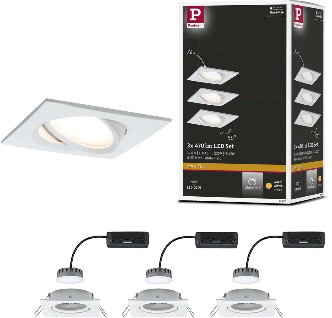 Paulmann Nova Plus Coin Basisset LED-inbouwlamp 3x6W 470lm 2700K - 84x84mm Wit mat