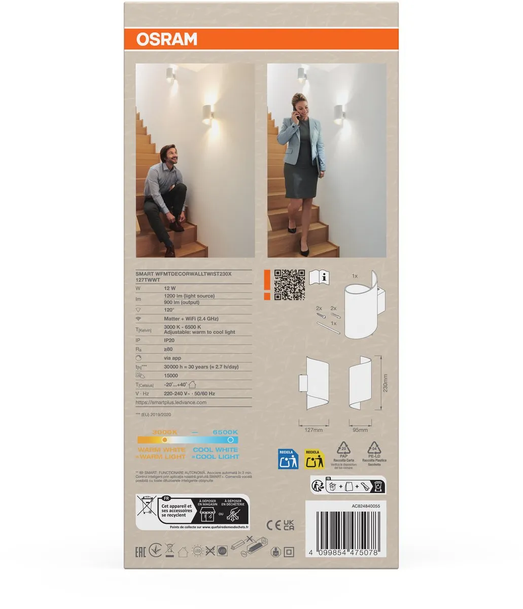 Osram SMART+ Matter Wall Twist LED Wandlamp 12W - Wit