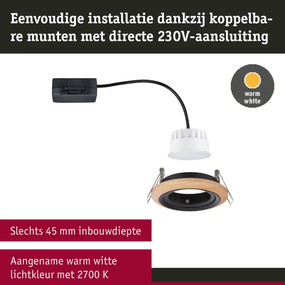 Paulmann LED-inbouwlamp Lanati 6W 470lm 2700K - 84mm - Geoliede eikenkleur/Zwart mat