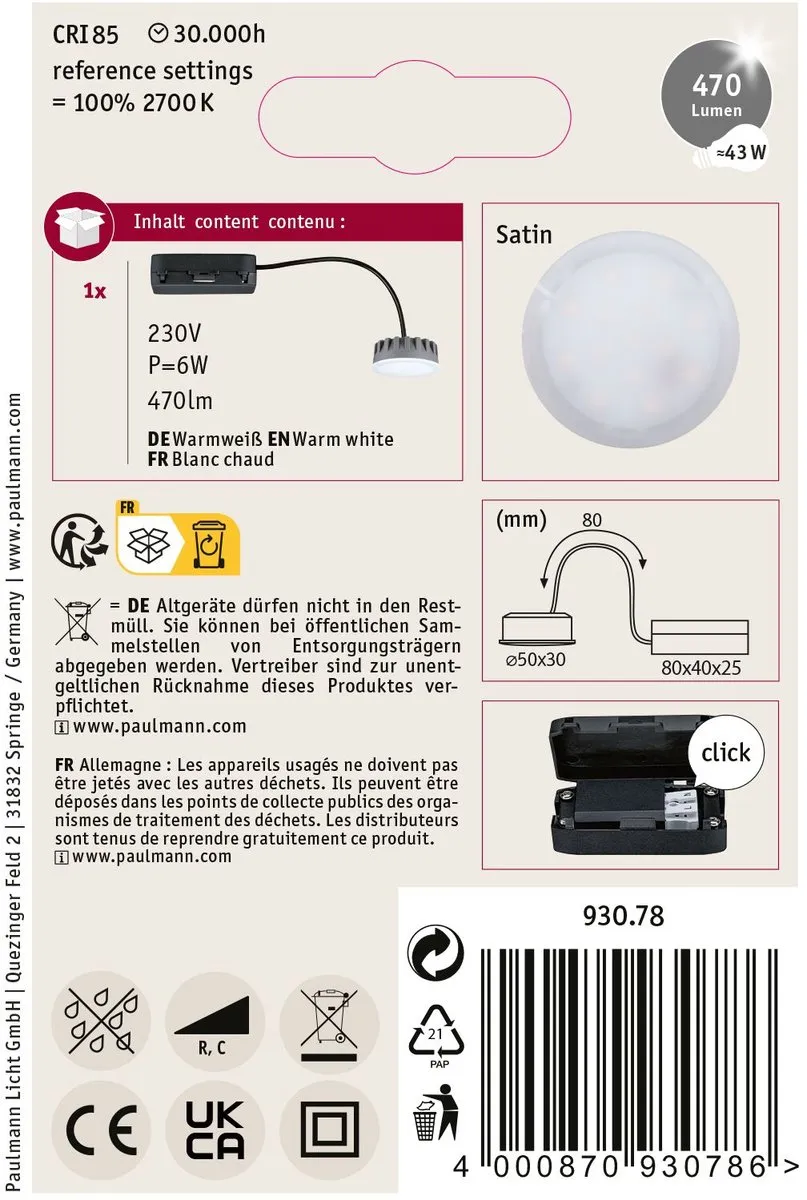 Paulmann Nova Plus Coin LED Inbouwlamp 50mm 6W 470lm - Satijn