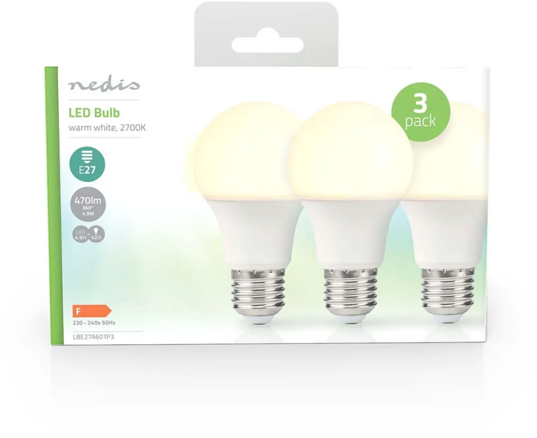 Nedis LED-Lamp E27 A60 4.9W 470lm Warm Wit - 3 Stuks - afbeelding 6 van 6