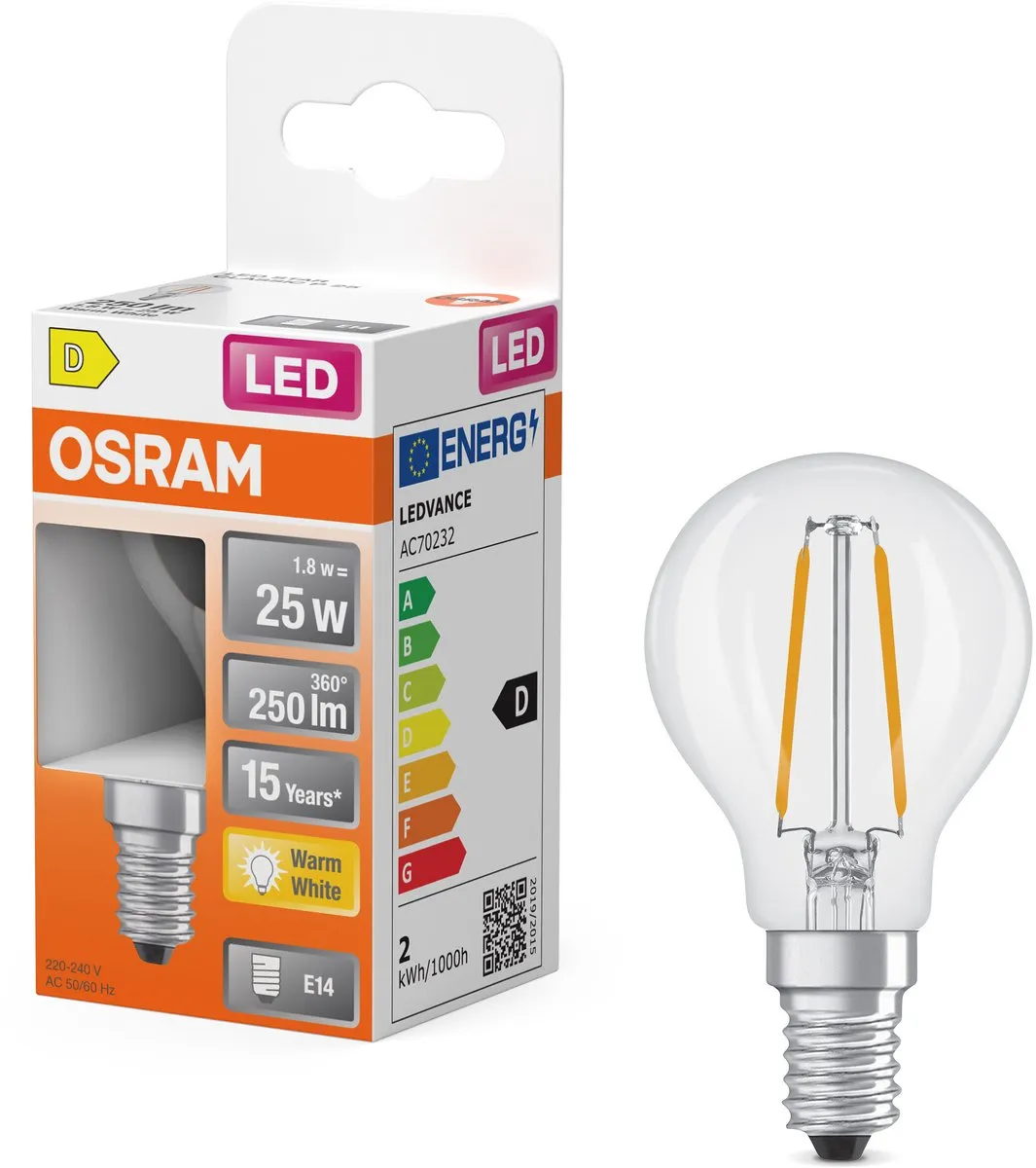 Osram LED Retrofit Classic P 1.8W E14 - 2700K - Helder