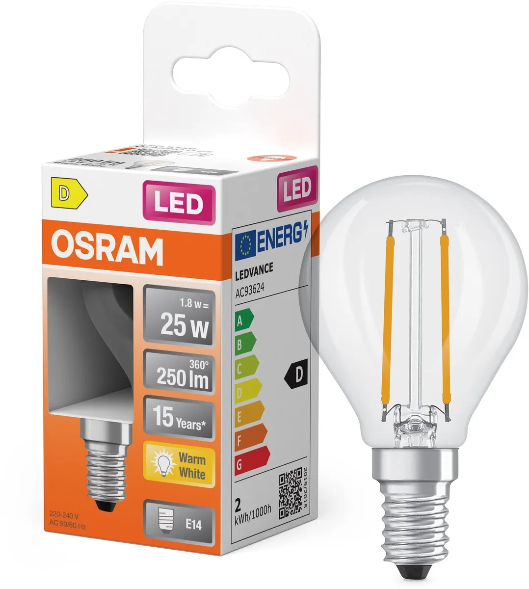 Osram LED Retrofit Classic P 1.8W E14 - 2700K - Helder