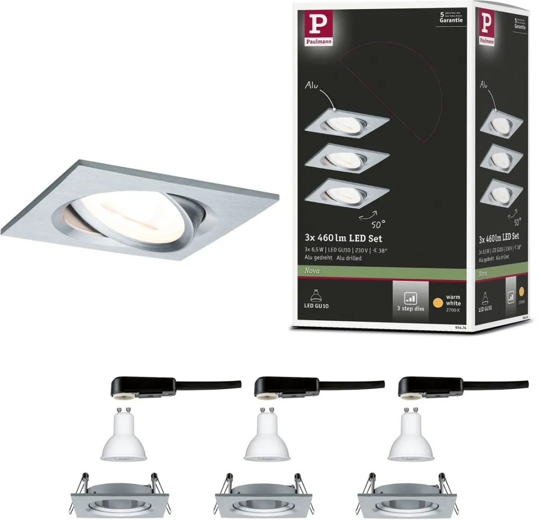 Paulmann Nova Basisset LED-inbouwlamp 3x6,5W 460lm 2700K - 84x84mm - Alu gedraaid
