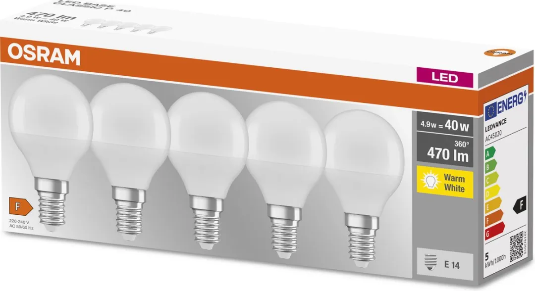 Osram LED Peertje E14 4,9W 470lm Warm Wit - 5 Stuks - afbeelding 4 van 6