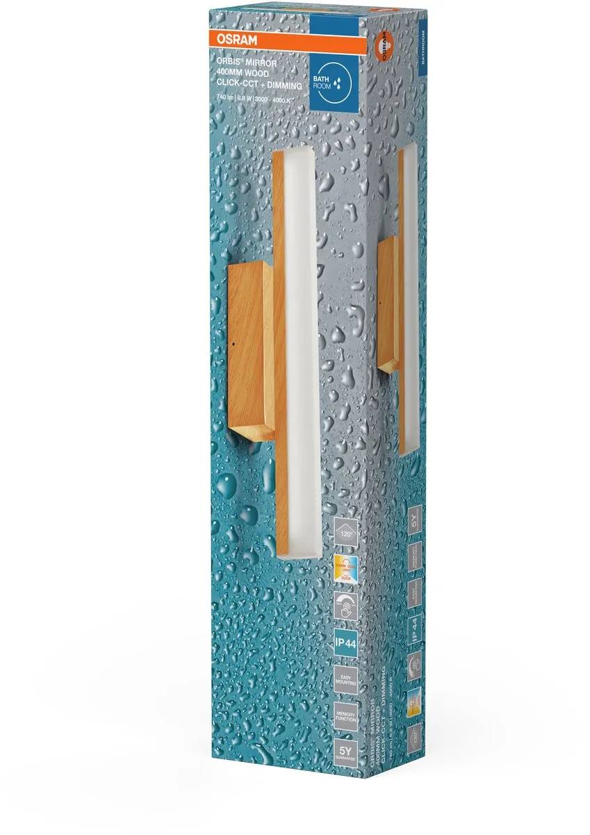 Osram Orbis Mirror 40CM Click CCT DIM IP44 Houten Decor - 6,8W 650lm