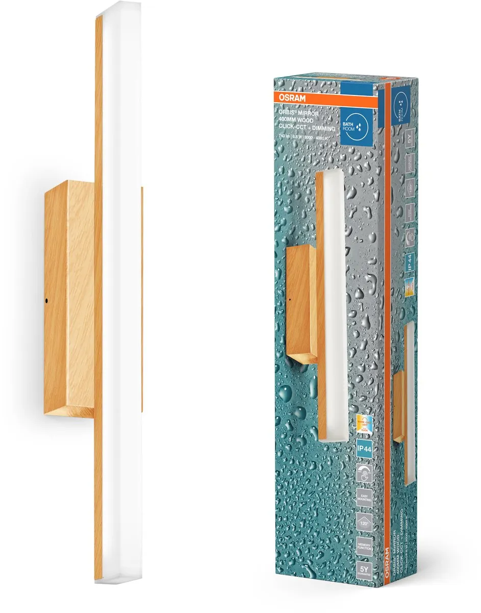 Osram Orbis Mirror 40CM Click CCT DIM IP44 Houten Decor - 6,8W 650lm