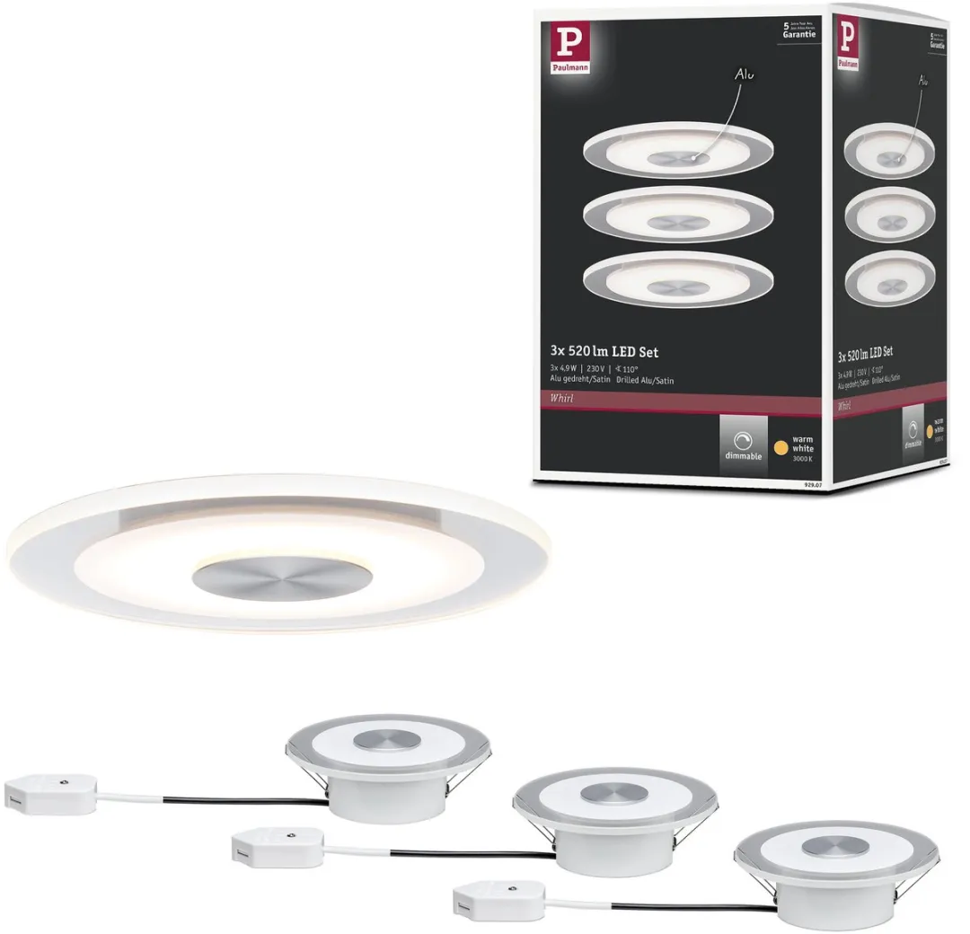 Paulmann Whirl LED-inbouwlamp Basisset 3x4,9W 180lm 3000K - 12cm - Alu gedraaid/Satijn