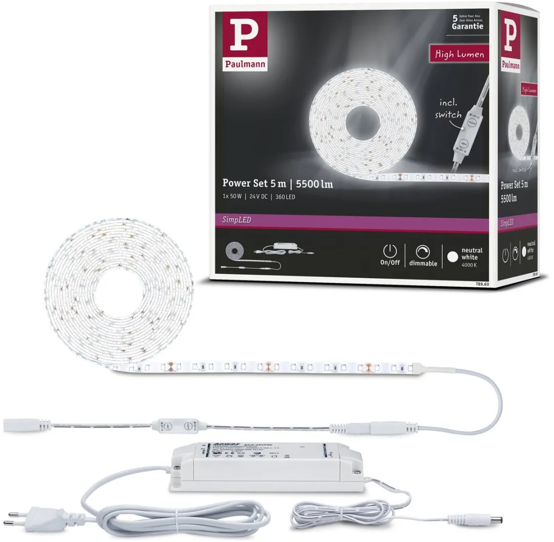 Paulmann SimpLED Power LED Strip Neutraal Wit 5m - 50W 1100lm/m 4000K