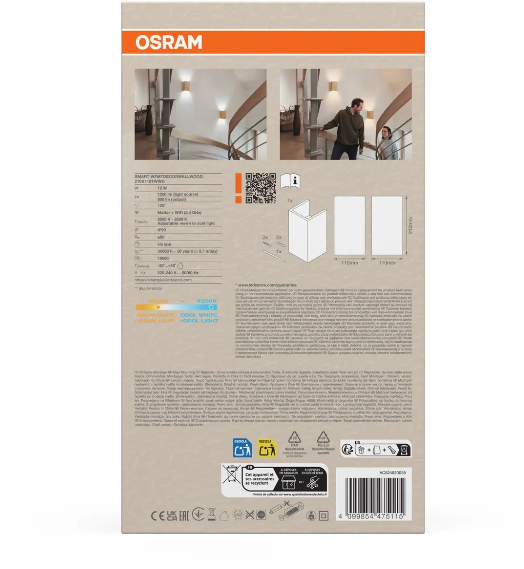 Osram SMART+ Matter Wandlamp Hout 12W 800lm WiFi Alexa - afbeelding 6 van 6
