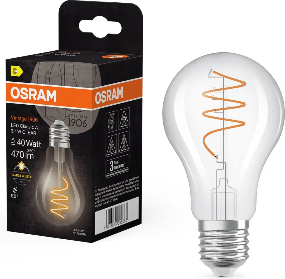Osram Vintage 1906 Classic LED E27 Peer Filament 3.4W 470lm - Zeer Warm Wit