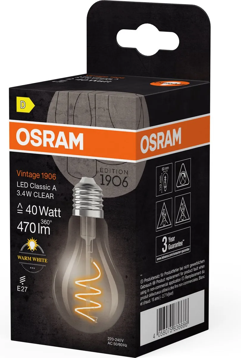 Osram Vintage 1906 Classic LED E27 Peer Filament 3.4W 470lm - Zeer Warm Wit