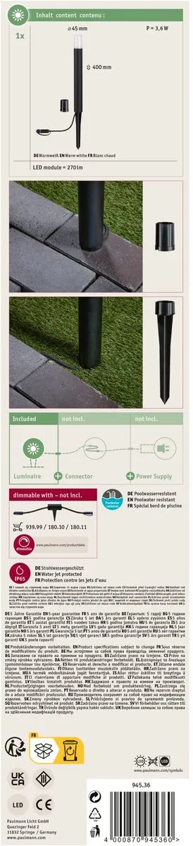 Paulmann Plug & Shine LED Bolderlamp Flarea 400mm - 3,6W 3000K - Zwart Metaal
