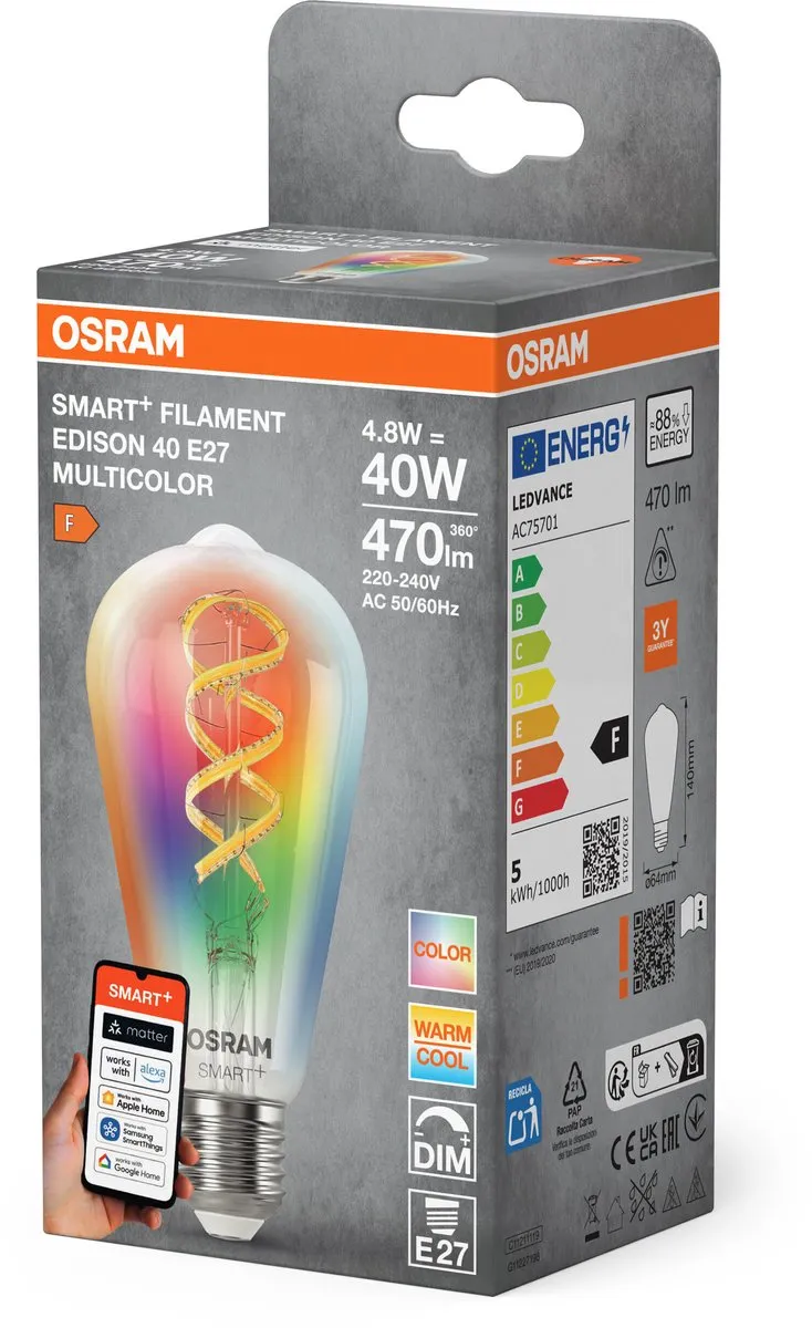 Osram SMART+ LED Edison 40 Filament E27 RGBW 4,8W - Mat - App/Spraakbediening - afbeelding 6 van 6