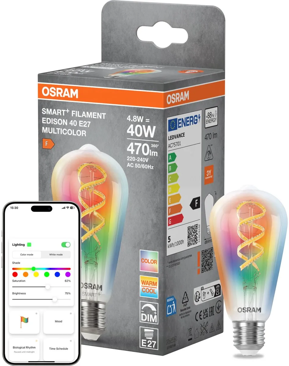 Osram SMART+ LED Edison 40 Filament E27 RGBW 4,8W - Mat - App/Spraakbediening