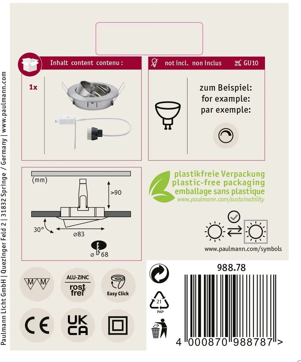 Paulmann Premium Inbouwlamp 83mm GU10 50W - Staal geborsteld