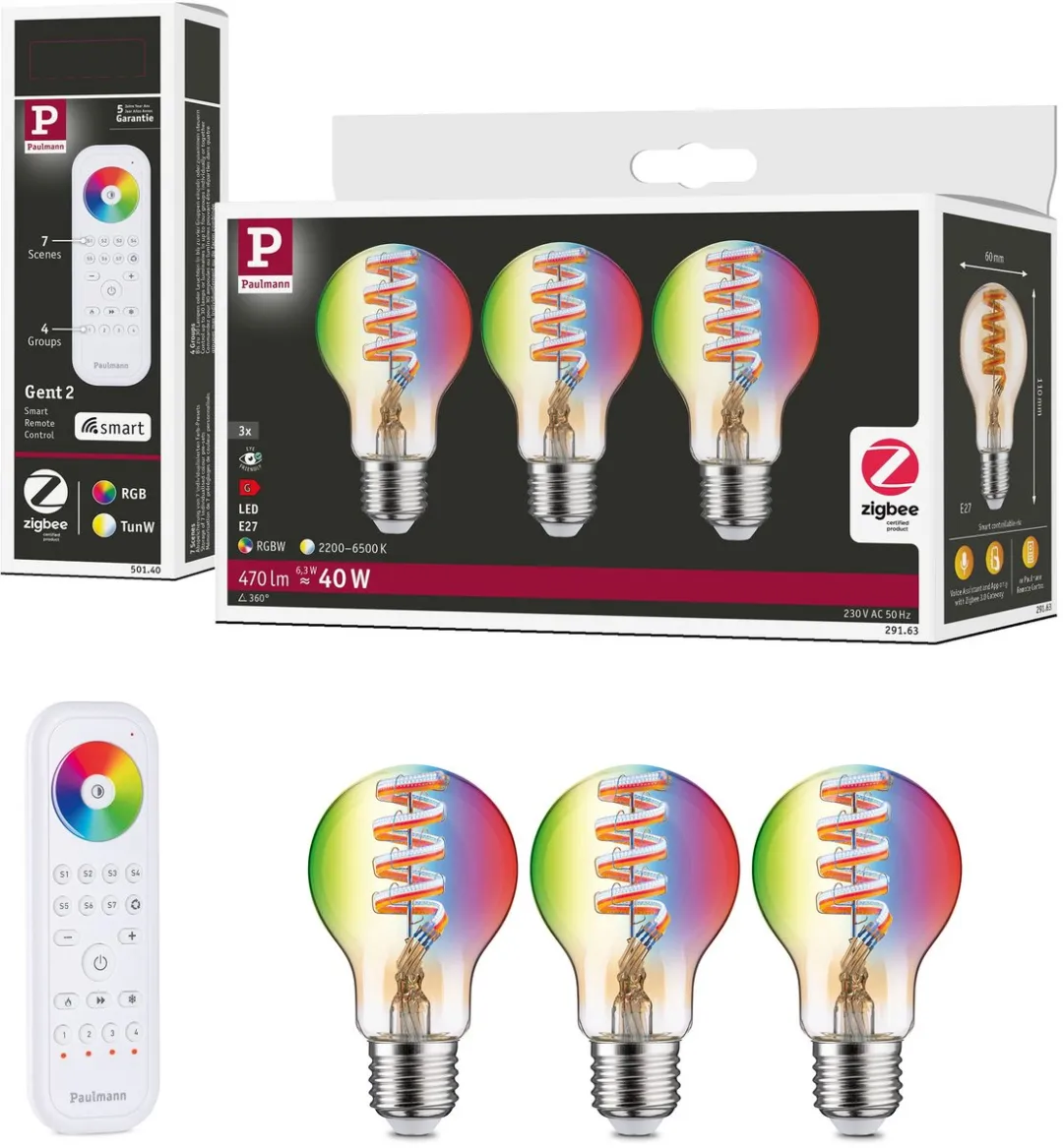 Paulmann Set LED-gloeilamp 3x470lm RGBW Goud