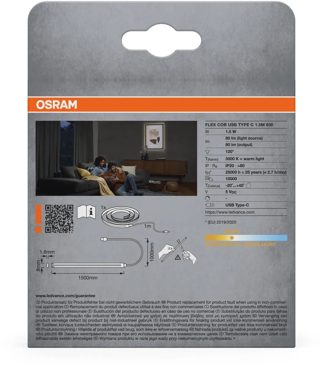 Osram Flex COB USB Type C 1.5m Warmwit 830 - Geel