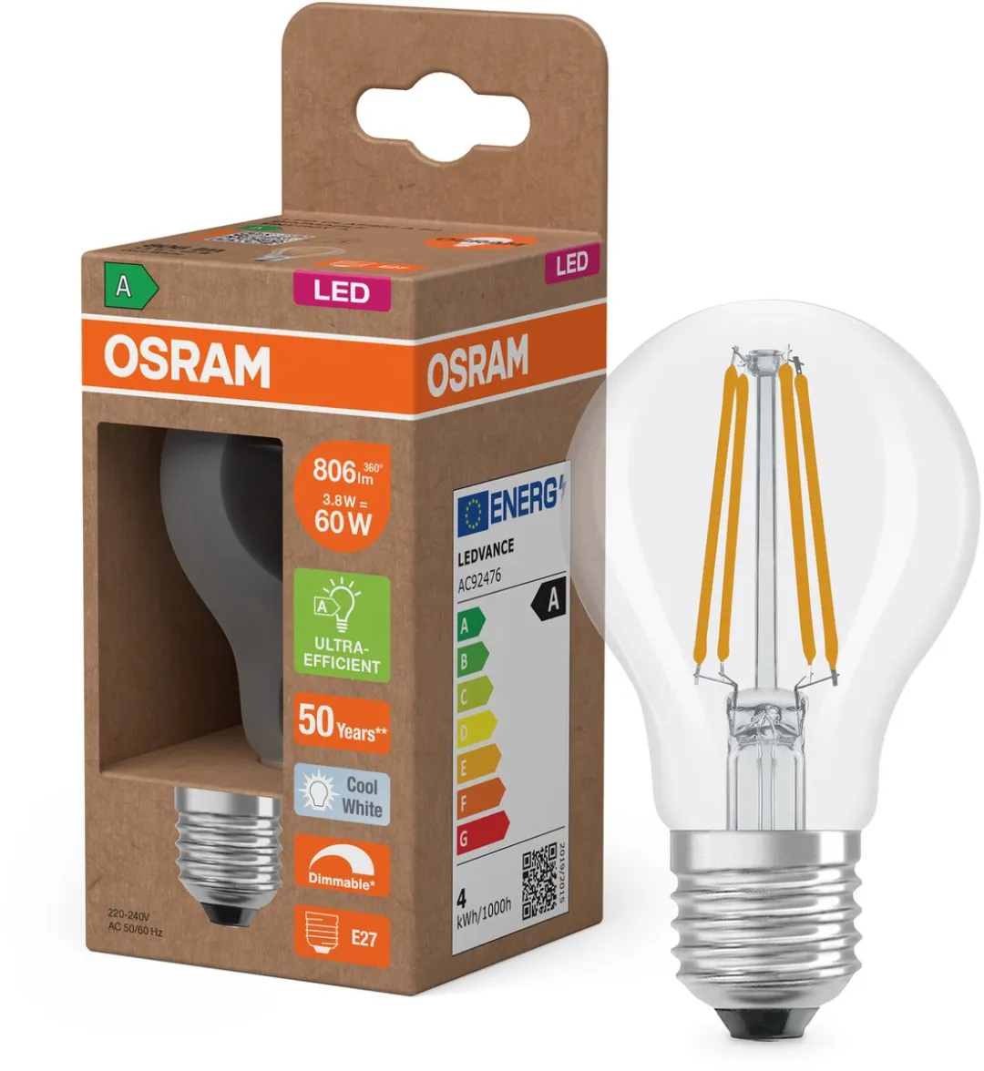 Osram Energy Class LED-lamp E27 3,8W 806lm Koel wit - Helder glas