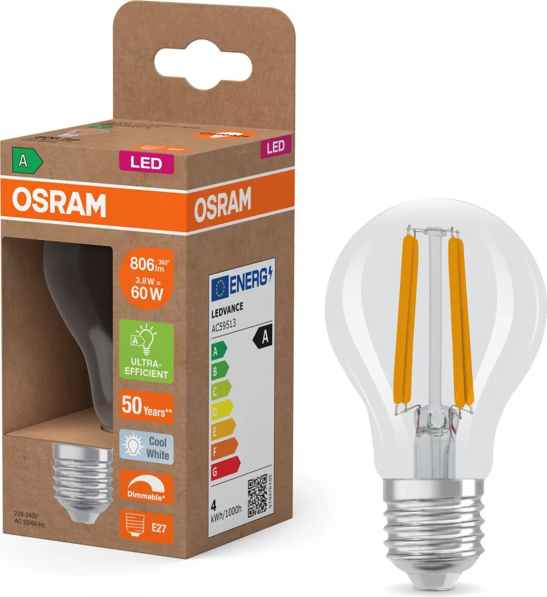 Osram Energy Class LED-lamp E27 3,8W 806lm Koel wit - Helder glas