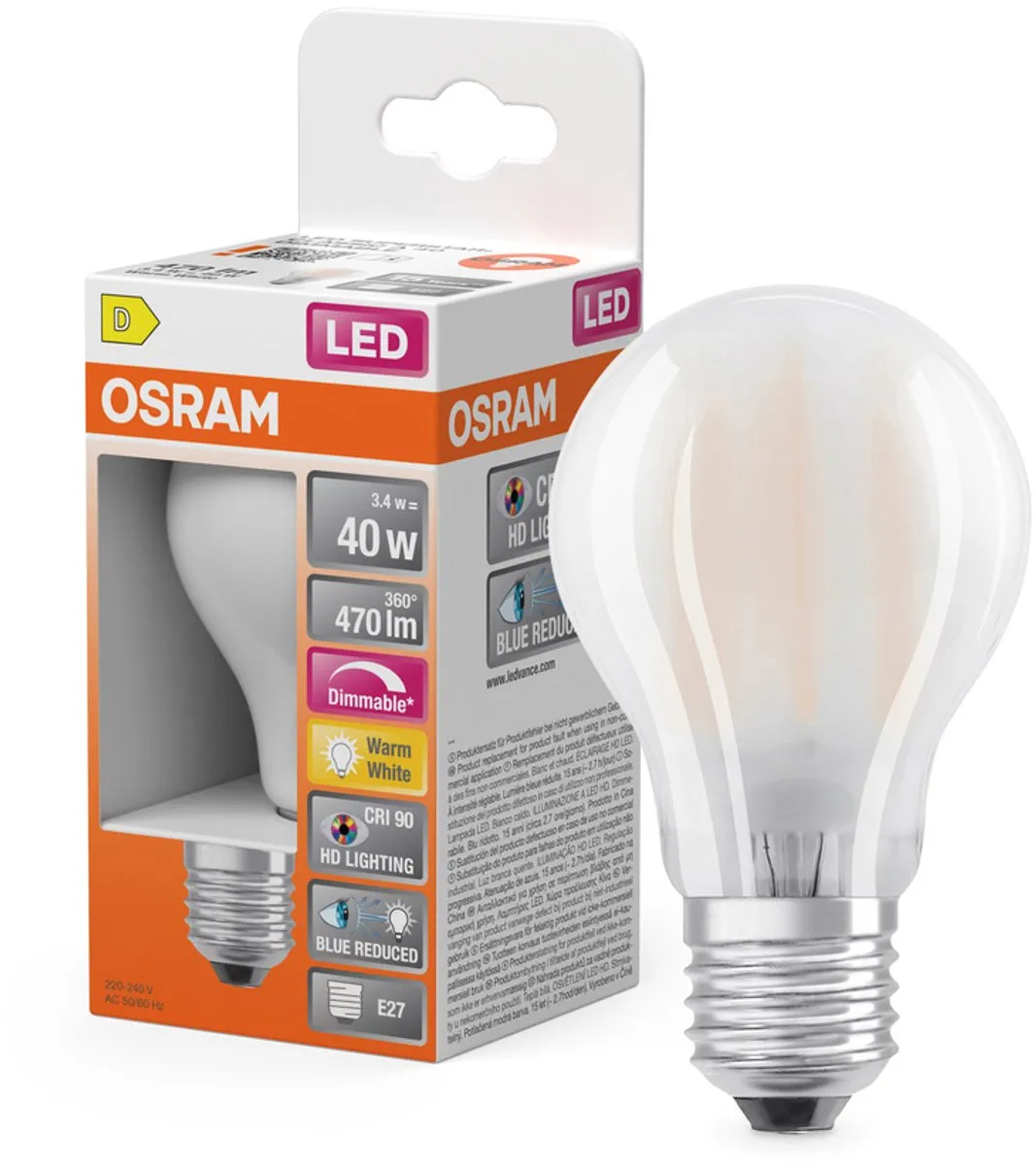 Osram LED-lamp E27 3,4W Warm wit 2700K
