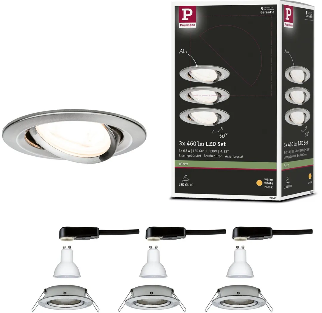 Paulmann Nova LED-inbouwlamp Basisset 3x6,5W 460lm 2700K - 84mm - Staal geborsteld