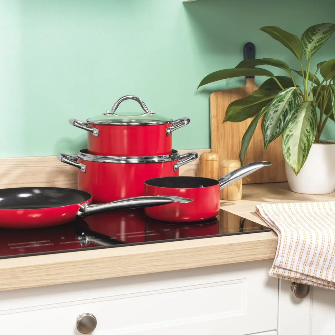 Russell Hobbs Riviera 4-delige Pannenset - Keramische Antiaanbaklaag - Rood