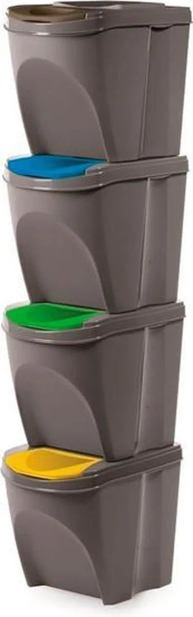 Afvalscheidingsbakken - kunststof - 4x 25 liter - grijs - stapelbaar - 40 x 30 x 34 cm