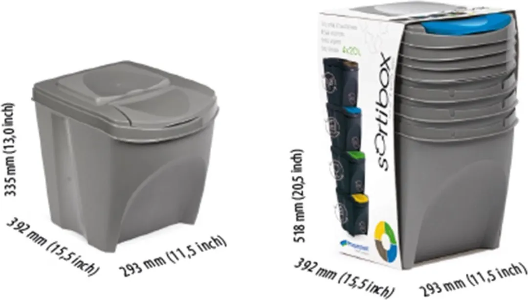 Afvalscheidingsbakken - kunststof - 4x 25 liter - grijs - stapelbaar - 40 x 30 x 34 cm