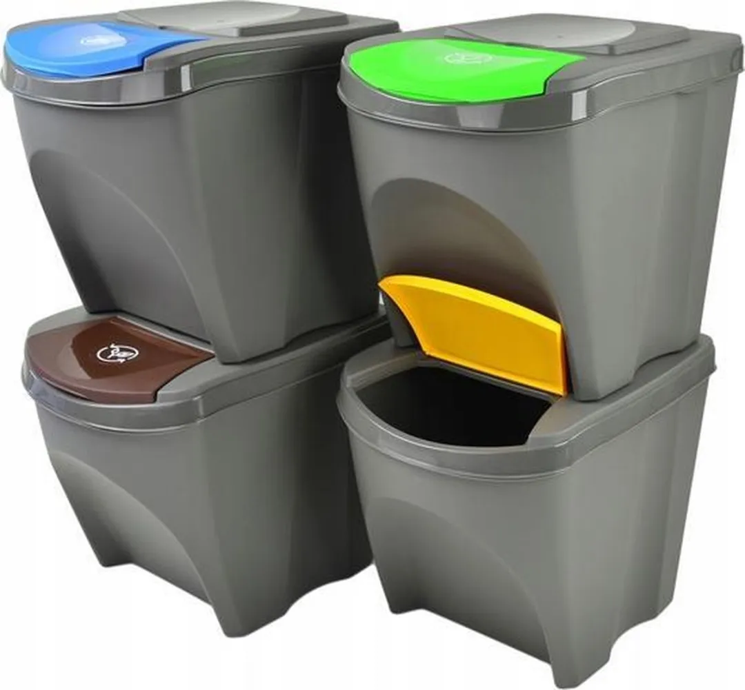 Afvalscheidingsbakken - kunststof - 4x 25 liter - grijs - stapelbaar - 40 x 30 x 34 cm