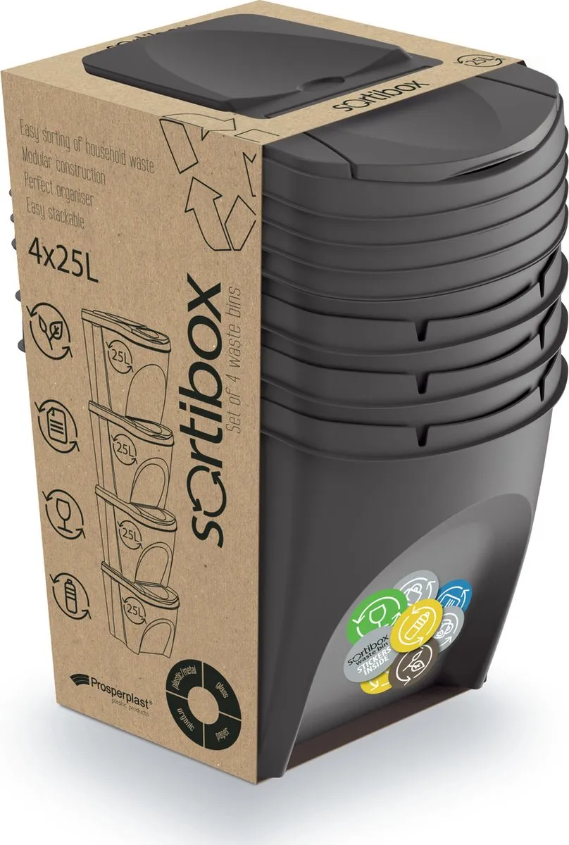 Afvalscheidingsbakken - kunststof - 4x 25 liter - grijs - stapelbaar - 40 x 30 x 34 cm