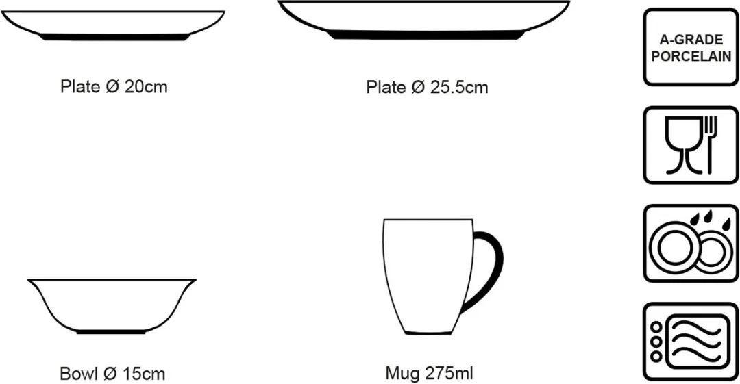 vtwonen Basic Serviesset 16-delig - 4 Personen - Zwart Porselein