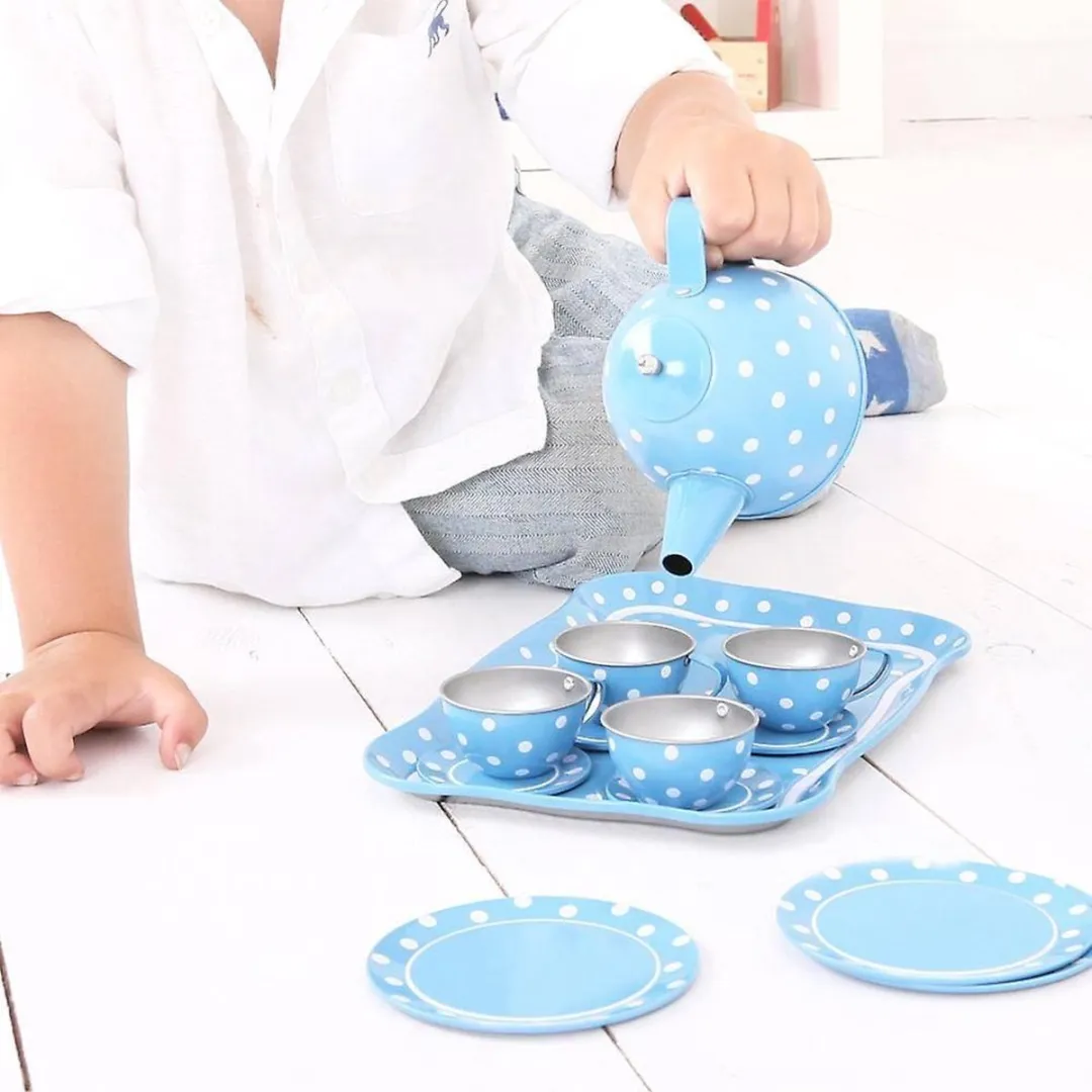 BIGJIGS BJ614 Blikken Servies - 18-delig - Blauw/Wit