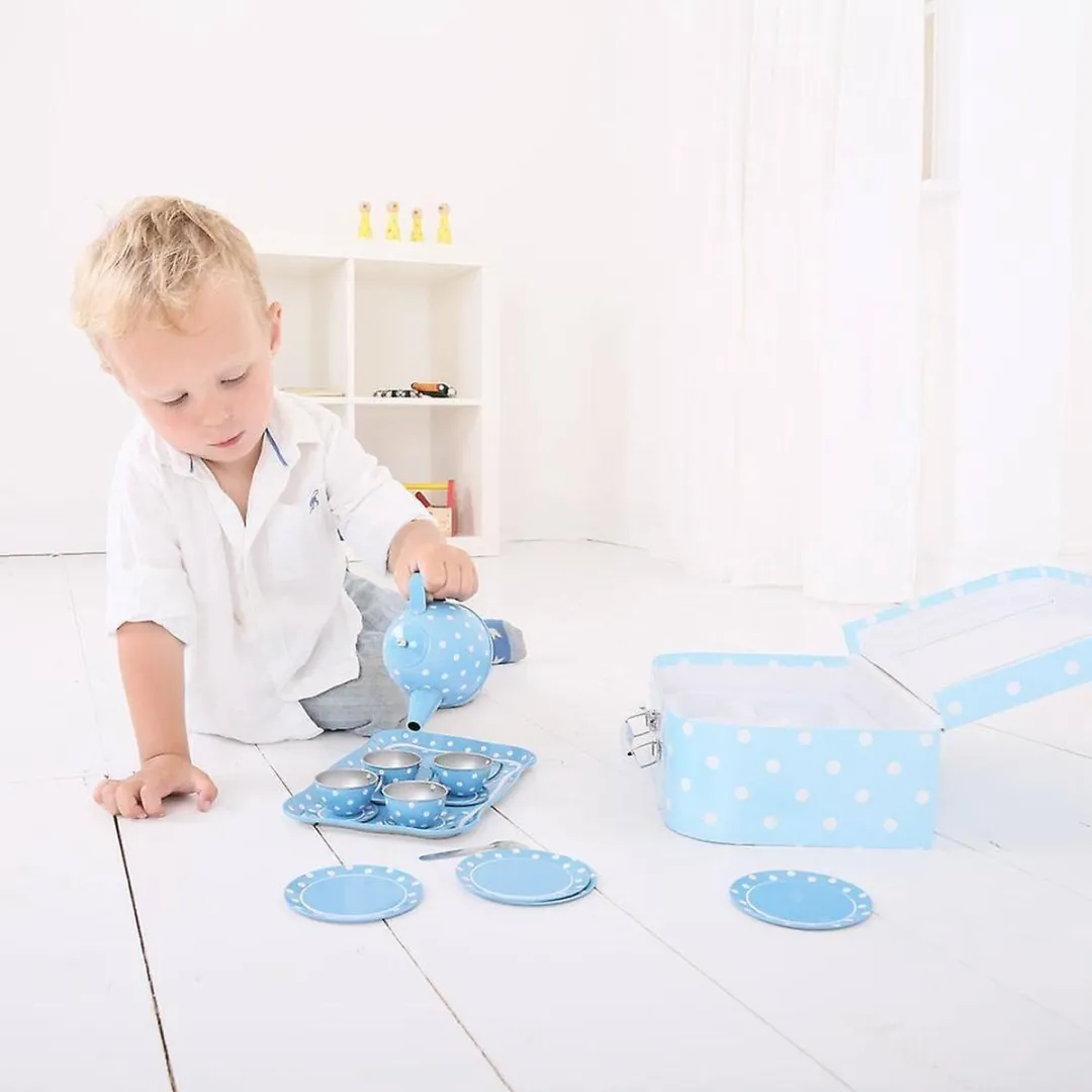 BIGJIGS BJ614 Blikken Servies - 18-delig - Blauw/Wit