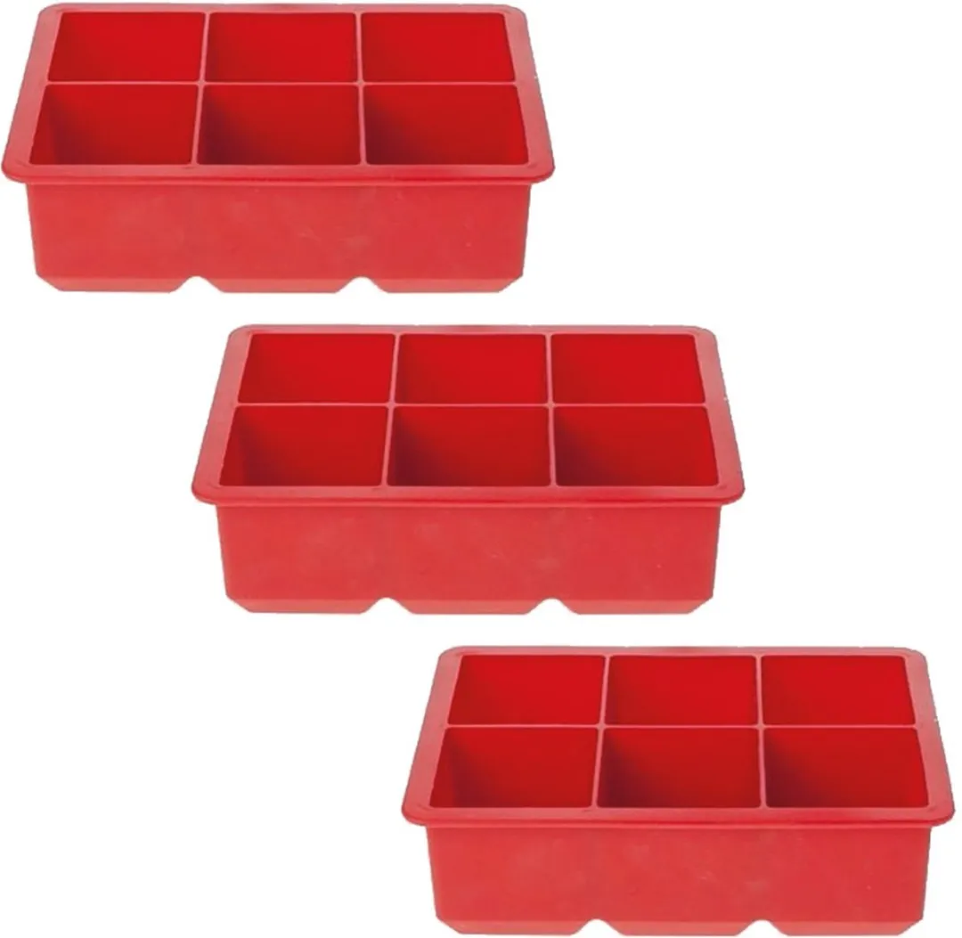 Cosy & Trendy grote ijsblokjes houder - 3x - 6 blokken - rood - siliconen