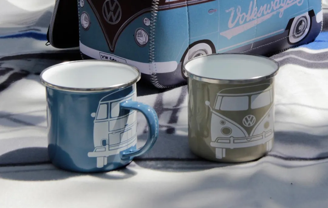 Volkswagen T1 Bus Emaille Bekers - Set van 2 - 360ml - Blauw/Creme