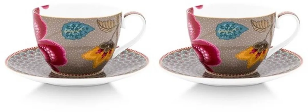 Pip Studio Blooming Tales Kop & Schotel Set - 2x300ml - Porselein - Khaki
